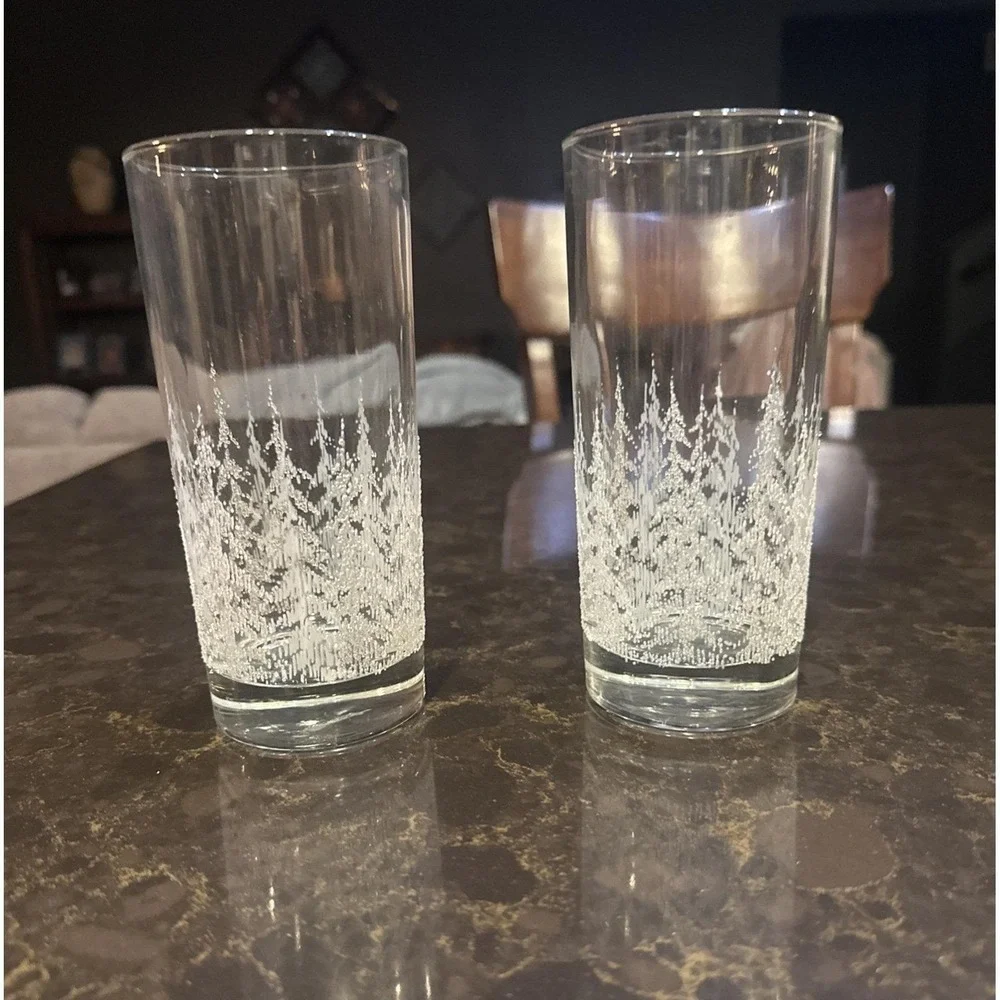 Vintage Frosted White Pine Tree Highball Glasses Set of 2 Winter Forest Tumblers